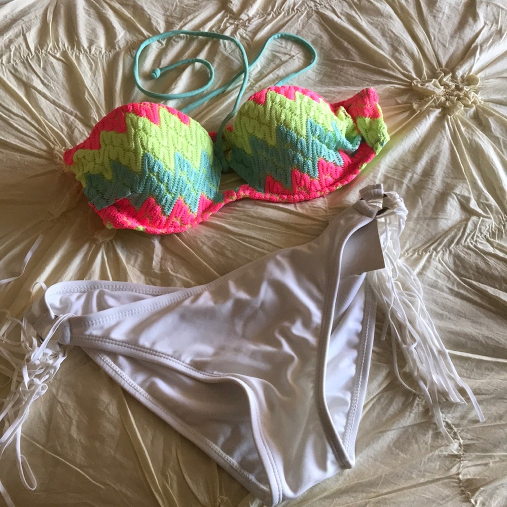 Victoria’s Secret pink green light blue bikini top